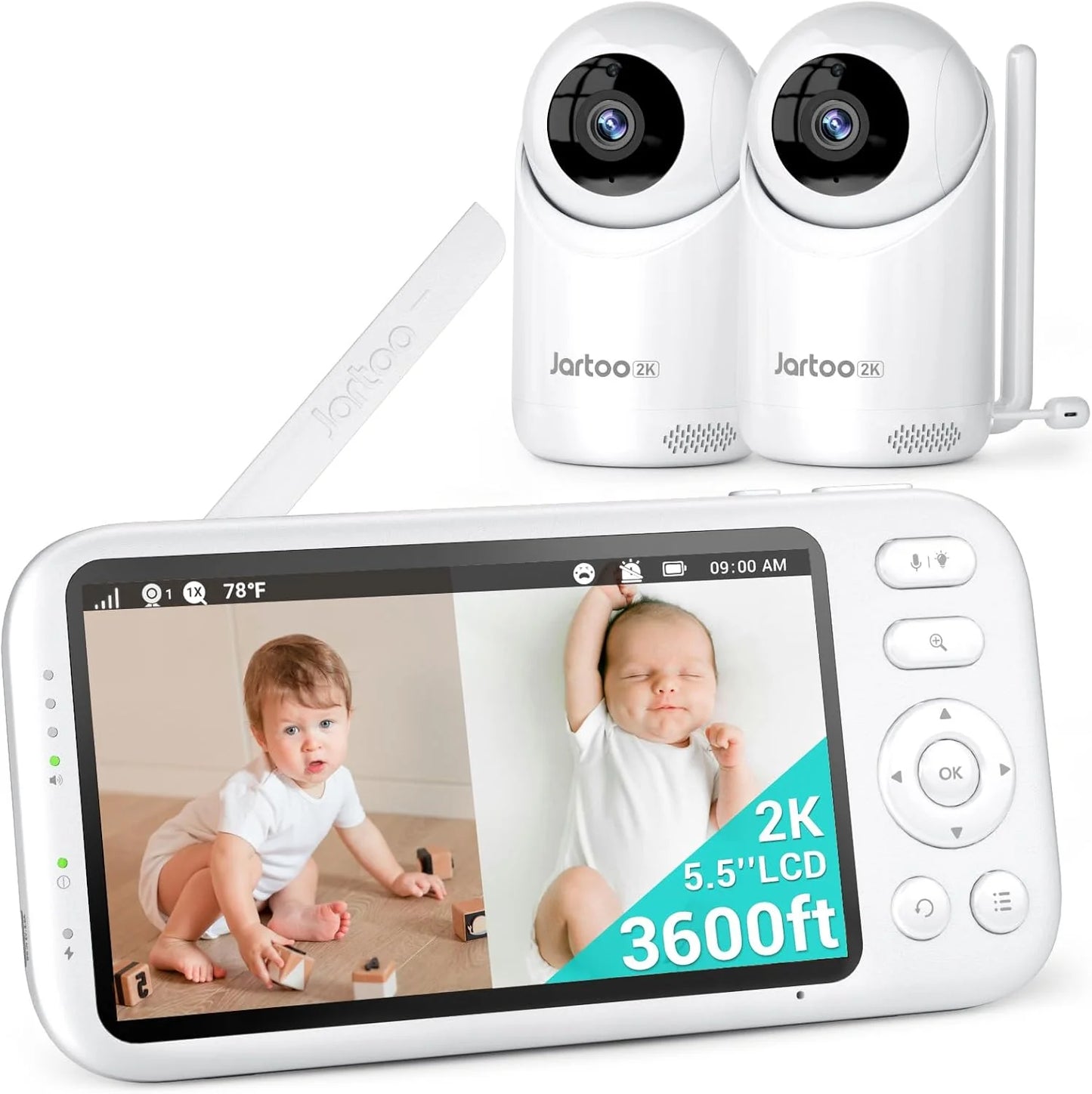 2K Video Baby Monitor, 3000Ft Long Range No Wifi Baby Monitor with 2 Cameras and Audio, 5.5" Split Display, AI Cry Detect, IR Night Vision, 2-Way Audio, 6000Mah